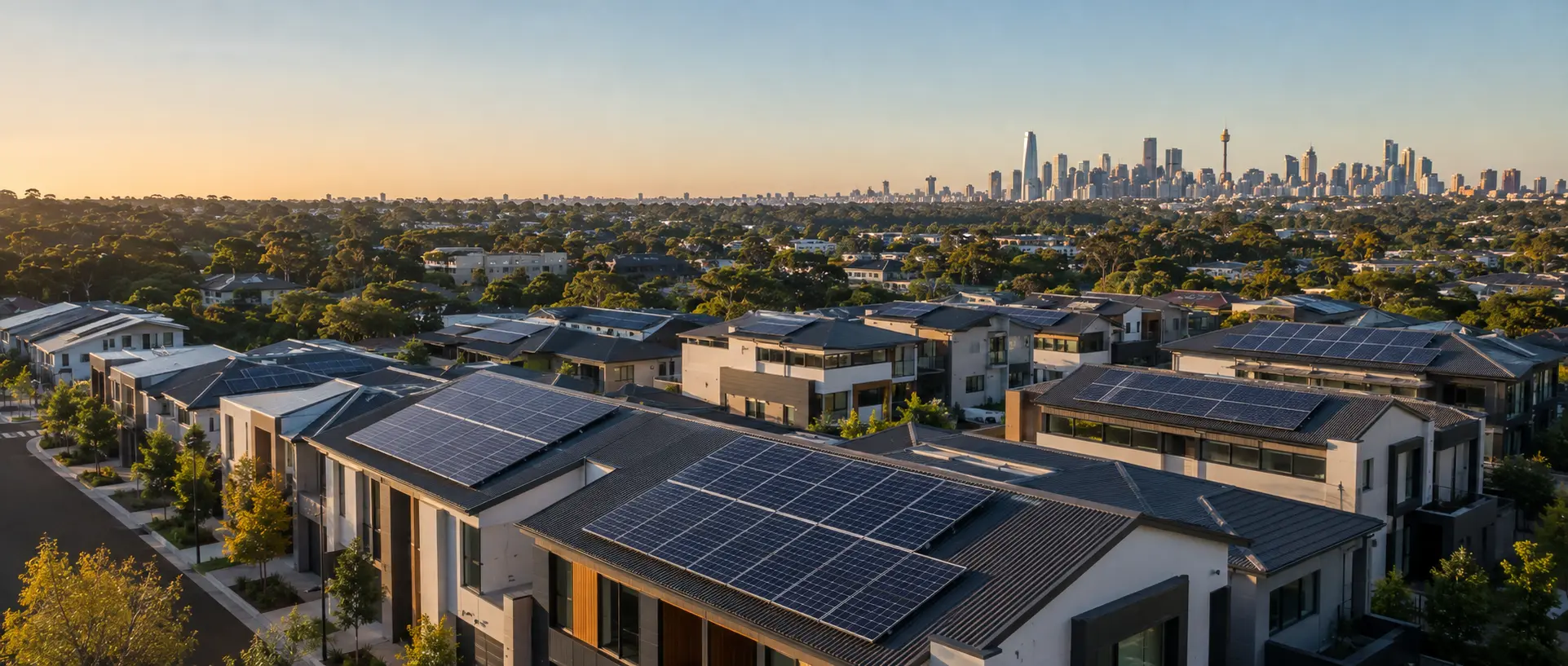 Modern Sydney homes with rooftop solar panels and the city skyline in the distance